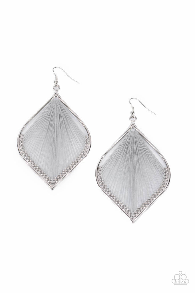 string-theory-silver Ultimate Gray string is threaded through small hoops inside a silver mandala-shaped frame for a vibrant artistic adornment. Earring attaches to a standard fishhook fitting.  Sold as one pair of earrings.