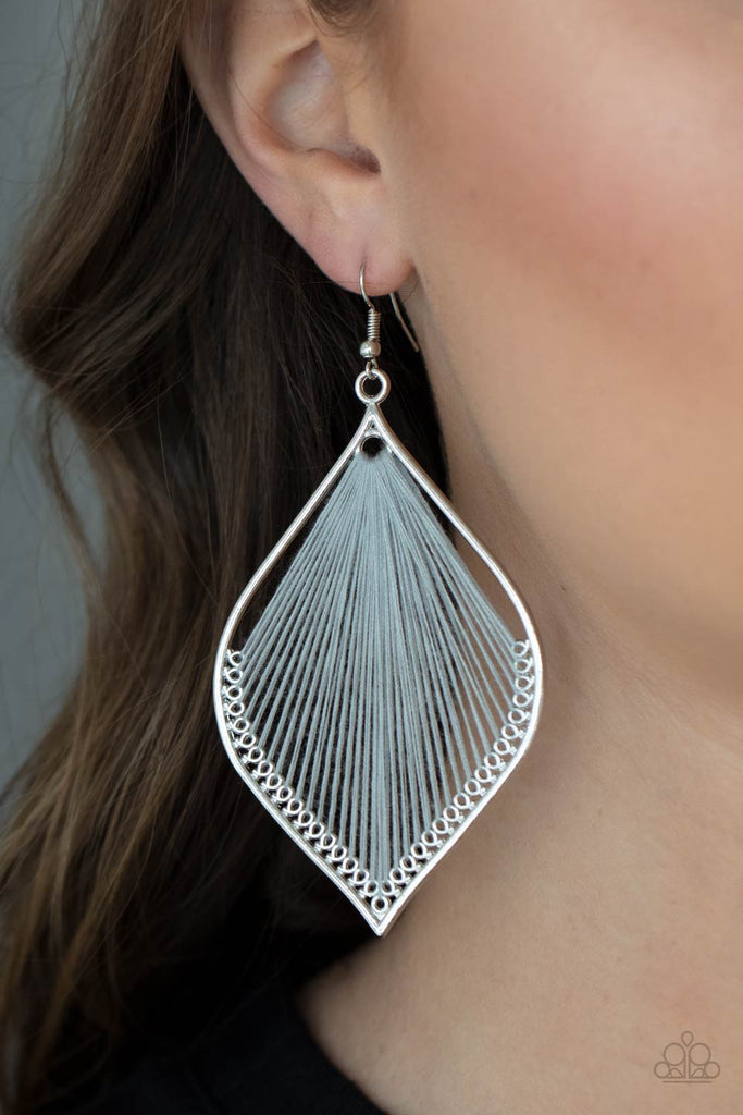 string-theory-silver Ultimate Gray string is threaded through small hoops inside a silver mandala-shaped frame for a vibrant artistic adornment. Earring attaches to a standard fishhook fitting.  Sold as one pair of earrings.