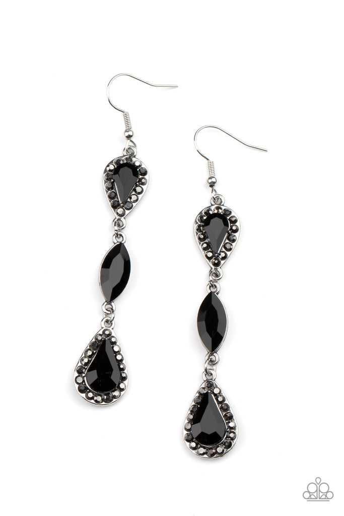 A trio of teardrop and marquis cut black gems fall in succession from the ear. The teardrops are set in silver frames studded with hematite rhinestones for a sparkly finish. Earring attaches to a standard fishhook fitting.  Sold as one pair of earrings.