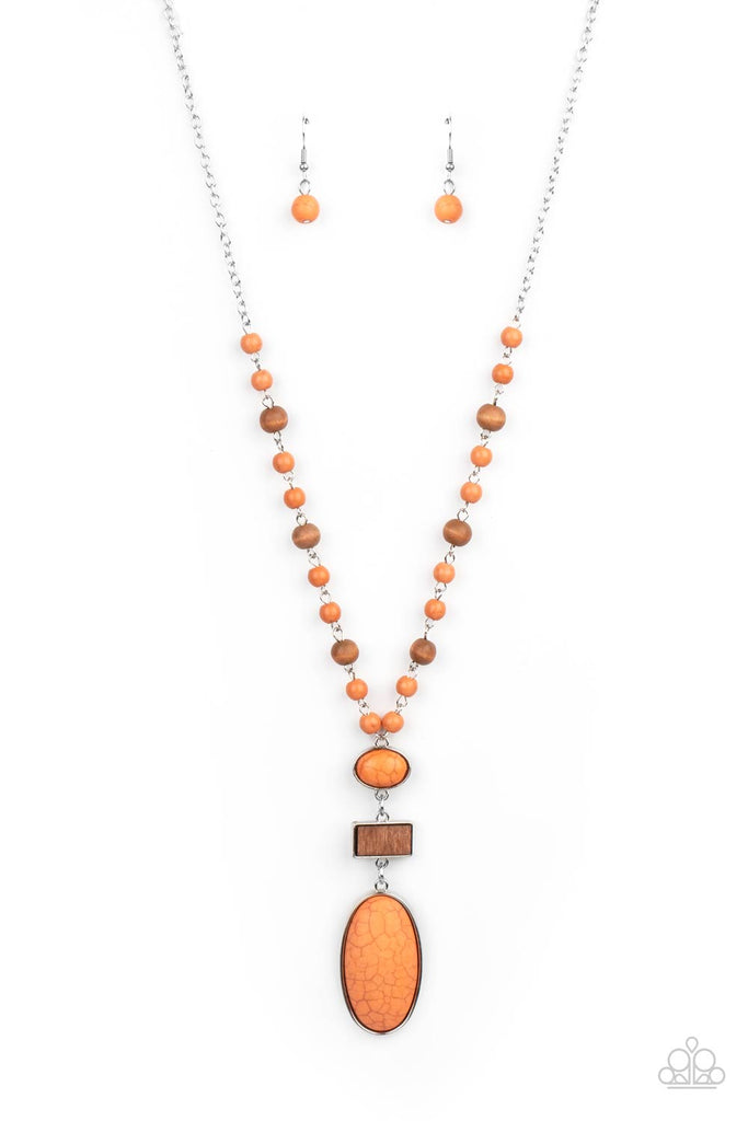 naturally-essential-orange A dainty collection of Rust stone and rustic wooden beads connects into an earthy chain across the chest. Featuring sleek silver frames, oval stones and a rectangular wood frame connect into a dramatically stacked seasonal pendant at the bottom of the colorful display. Features an adjustable clasp closure.  Sold as one individual necklace. Includes one pair of matching earrings.