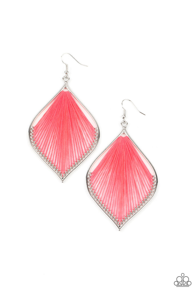 Raspberry Sorbet string is threaded through small hoops inside a silver mandala-shaped frame for a vibrant artistic adornment. Earring attaches to a standard fishhook fitting.  Sold as one pair of earrings.