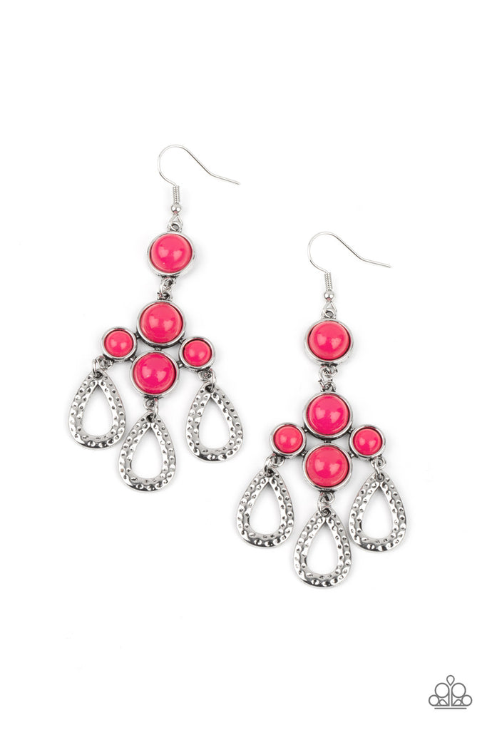 Mediterranean Magic - Pink Earring-Paparazzi A cluster of bubbly pink opaque beaded frames give way to hammered silver teardrops, creating a mystical fringe. Earring attaches to a standard fishhook fitting.  Sold as one pair of earrings. 