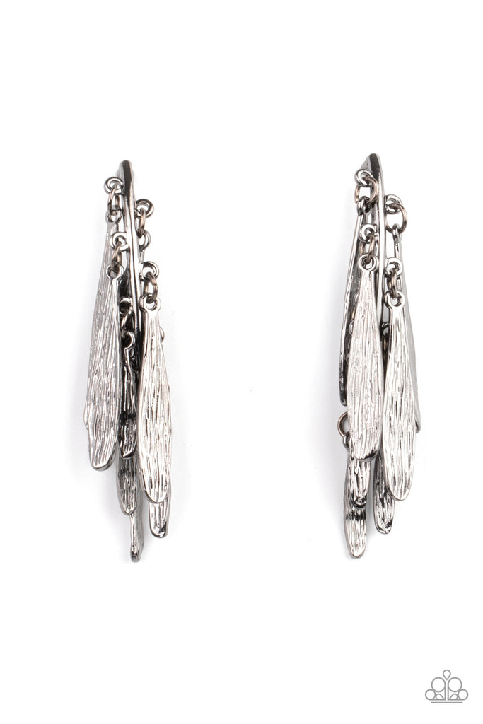 pursuing the plumes - Textured petal-like plumes cluster around a curved gunmetal bar and dance in an unexpected funky fringe below the ear. Earring attaches to a standard post fitting.  Sold as one pair of post earrings.