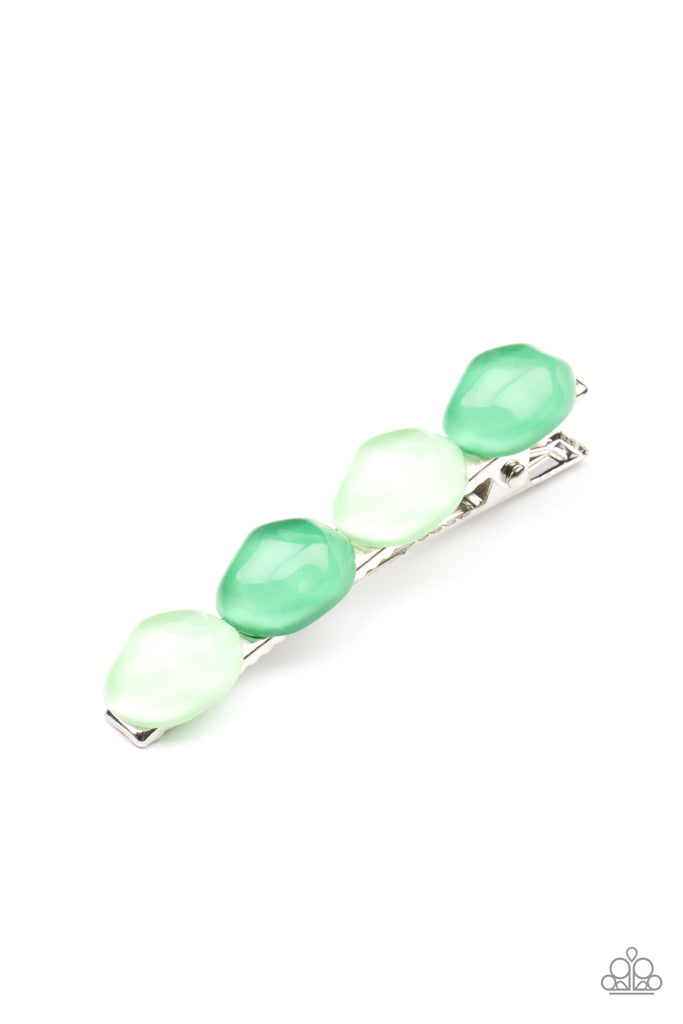 Featuring light-scattering refractions, asymmetrical Mint and Green Ash glassy pebble-like beads adorn the front of a classic bobby pin.  Sold as one individual decorative bobby pin.