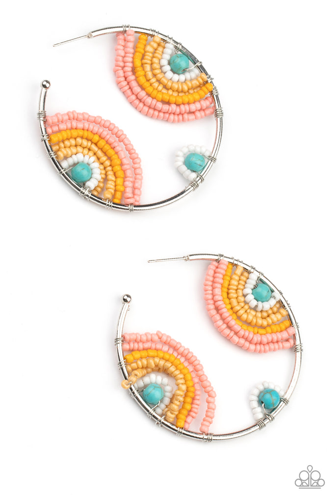Rows of white, Desert Mist, Marigold, and Burnt Coral seed beads curl around turquoise stone centers, creating colorful rainbows inside a delicate wire wrapped hoop. Hoop measures approximately 2" in diameter. Earring attaches to a standard post fitting.  Sold as one pair of hoop earrings.