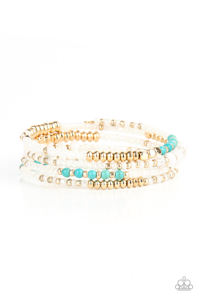 infinitely-dreamy-gold Sections of pearly white seed beads alternate with gold, turquoise, and crystal-like beads in infinite rows. The dreamy colors are threaded along a continuous strand of wire for an infinity wrap-style bracelet around the wrist.  Sold as one individual bracelet.
