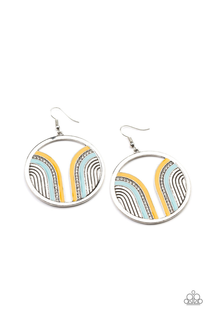 Infused with a glittery row of white rhinestones, shiny Cerulean and Illuminating arcs curve into juxtaposed frames inside a classic silver hoop, creating a colorful art deco inspired centerpiece. Earring attaches to a standard fishhook fitting.  Sold as one pair of earrings.