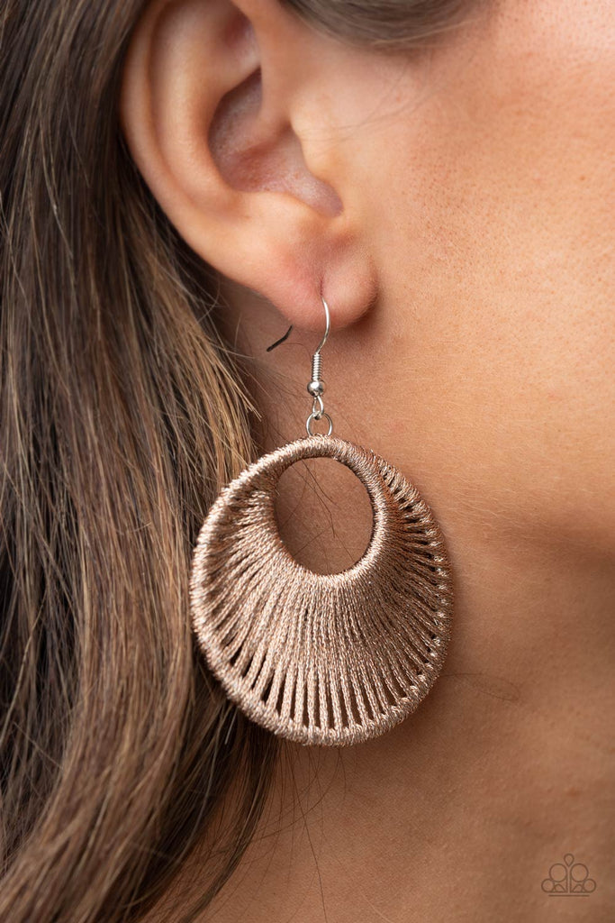 Shimmery brown thread wraps around a crescent shaped silver hoop, creating a glamorously weaved frame. Earring attaches to a standard fishhook fitting.  Sold as one pair of earrings.