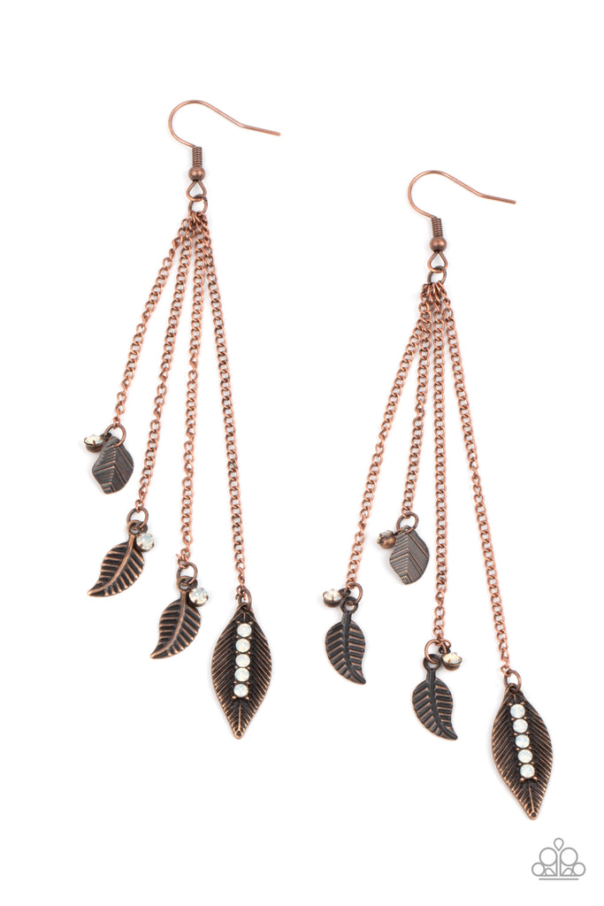 A collection of textured antiqued copper leaflets accented with dewdrop white rhinestones, swing from delicate copper chains creating a tranquil chime as it falls from the ear. Earring attaches to a standard fishhook fitting.  Sold as one pair of earrings.