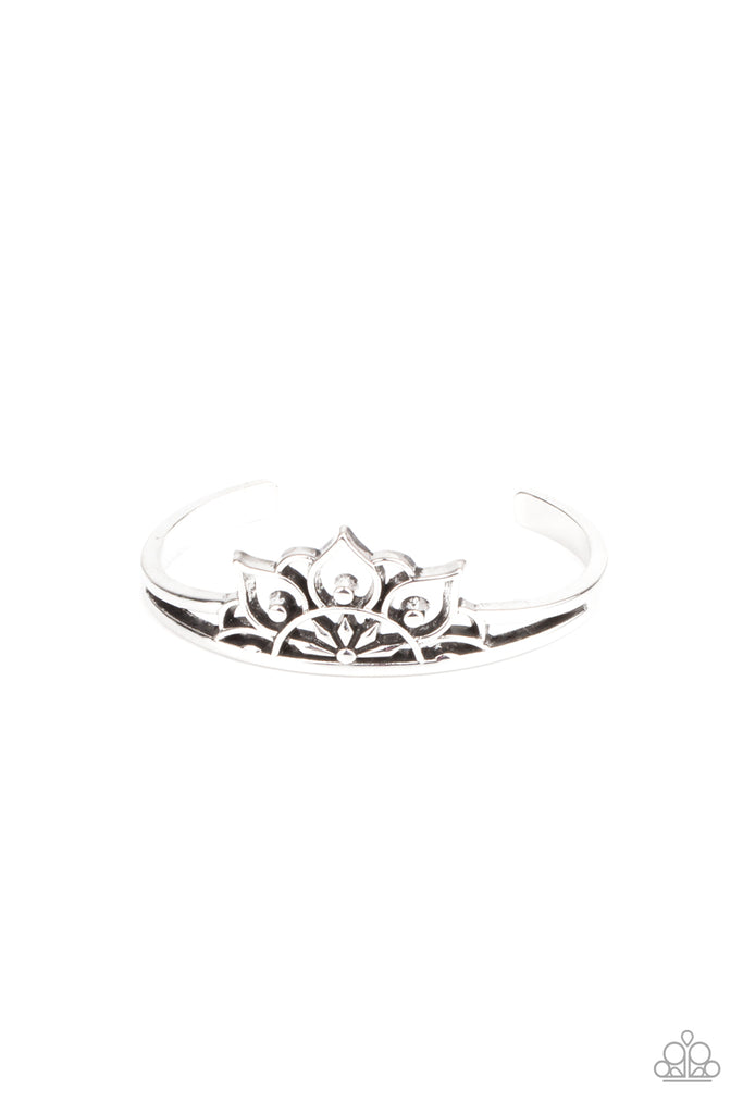 mandala-mindfulness-silver Brushed in an antiqued finish, an airy mandala-like frame crowns the top of a dainty silver cuff for a whimsically seasonal flair.  Sold as one individual bracelet.