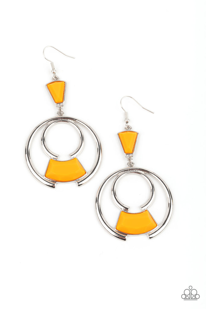 deco-dancing-orange  Bold silver circles create an eye-catching frame for a vibrant Marigold faceted bead. The trendy pendant sways from a Marigold triangular bead anchor for an embellished finish. Earring attaches to a standard fishhook fitting.  Sold as one pair of earrings.