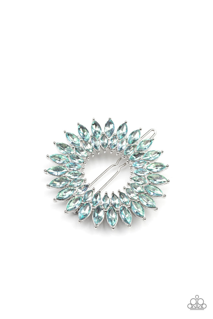 An explosion of blue marquise cut rhinestones delicately coalesce into two sparkly rings, creating a glittery centerpiece. Features a clamp barrette closure  Sold as one individual barrette.  