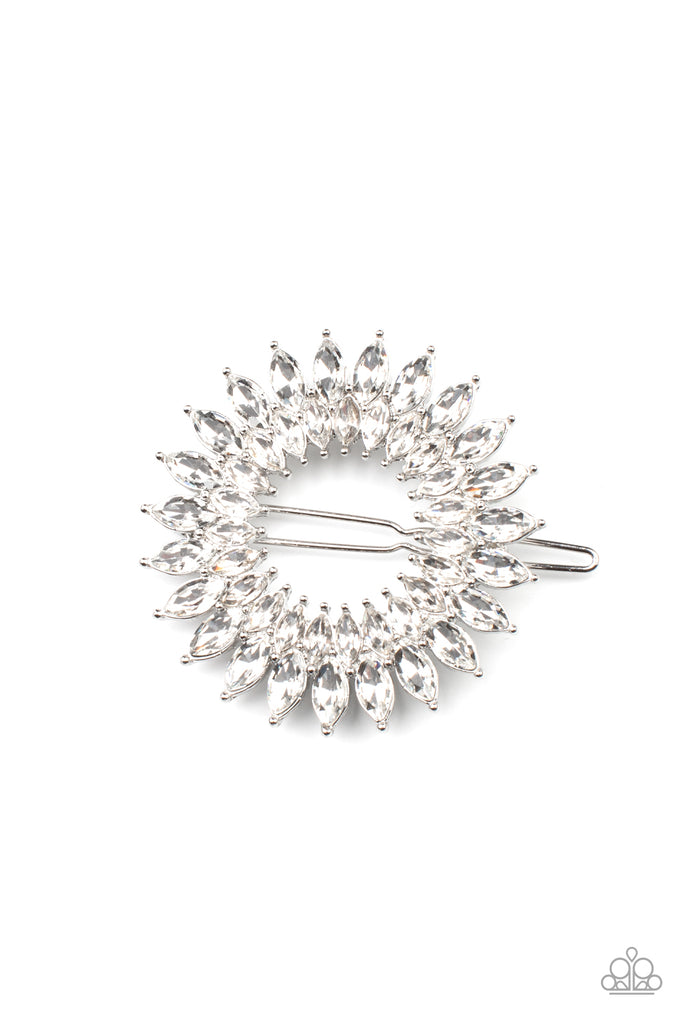 An explosion of white marquise cut rhinestones delicately coalesce into two sparkly rings, creating a glittery centerpiece. Features a clamp barrette closure.  Sold as one individual barrette.  