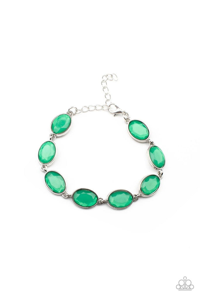 Encased in sleek silver frames, dewy Mint oval gems delicately connect around the wrist for an elegantly ethereal fashion. Features an adjustable clasp closure.  Sold as one individual bracelet.