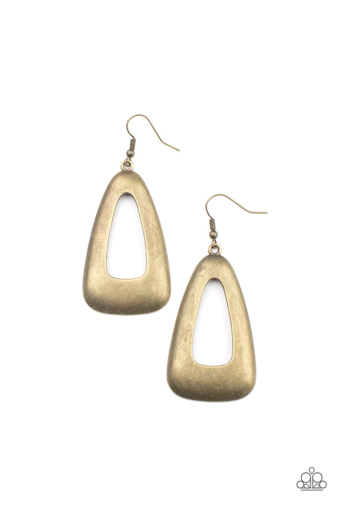 A burnished brass triangular frame swings from the ear, creating a rustic centerpiece. Earring attaches to a standard fishhook fitting.  Sold as one pair of earrings.  New Kit