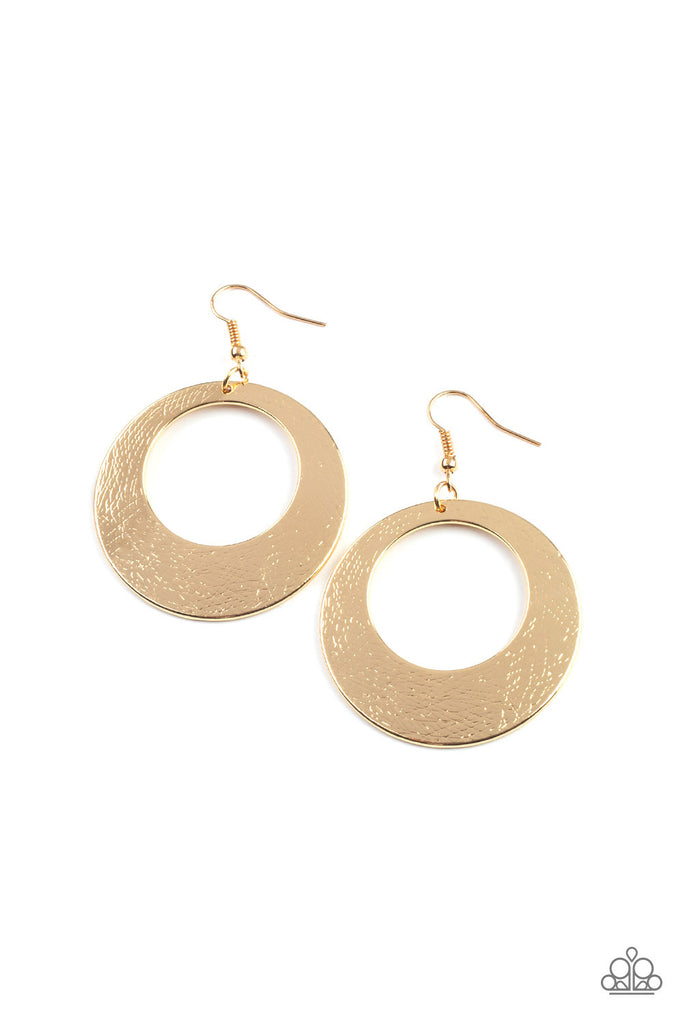 Brushed in a high sheen matte, a round gold frame is scratched in a gritty linear pattern for a rustic fashion. Earring attaches to a standard fishhook fitting.  Sold as one pair of earrings.