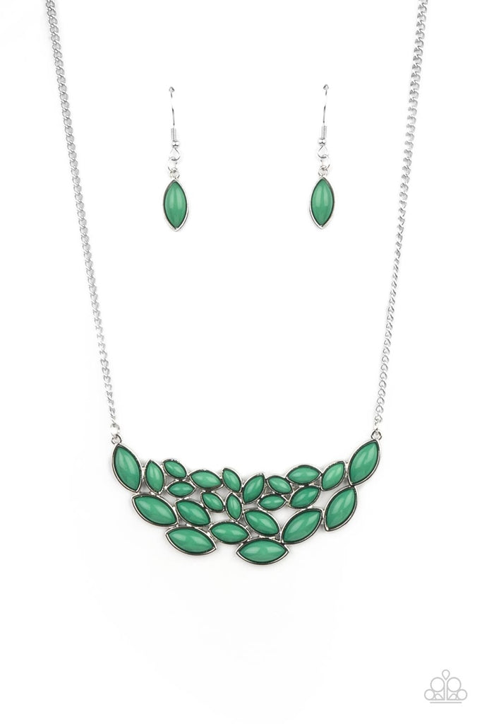 eden-escape-green Encased in sleek silver frames, a collection of marquise shaped Mint beads delicately coalesce into a leafy pendant below the collar for a whimsical pop of color. Features an adjustable clasp closure.  Sold as one individual necklace. Includes one pair of matching earrings.
