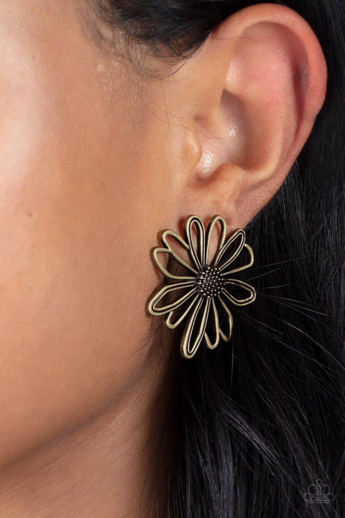 Airy brass petals bloom from a studded brass center, creating a rustic flower. Earring attaches to a standard post fitting.  Sold as one pair of post earrings.