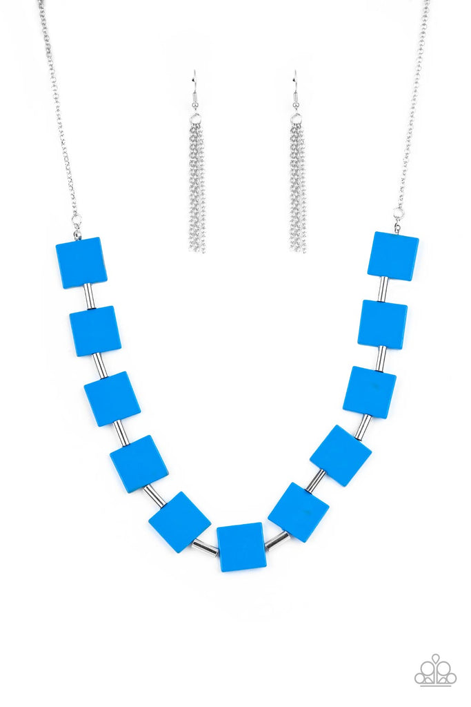 hello-material-girl-blue Vibrant geometric squares painted in the spring Pantone® of French Blue flare out along a long silver chain as it drapes along the chest. Sleek silver cylinders separate the square plates, adding cool metallic accents to the piece. Features an adjustable clasp closure.  Sold as one individual necklace. Includes one pair of matching earrings.