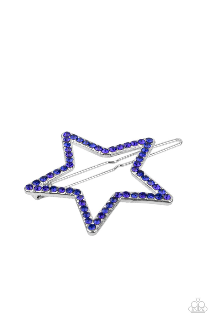 The front of an oversized silver star is encrusted in glittery blue rhinestones, creating an inspiring patriotic shimmer. Features a clamp barrette closure.  Sold as one individual barrette.