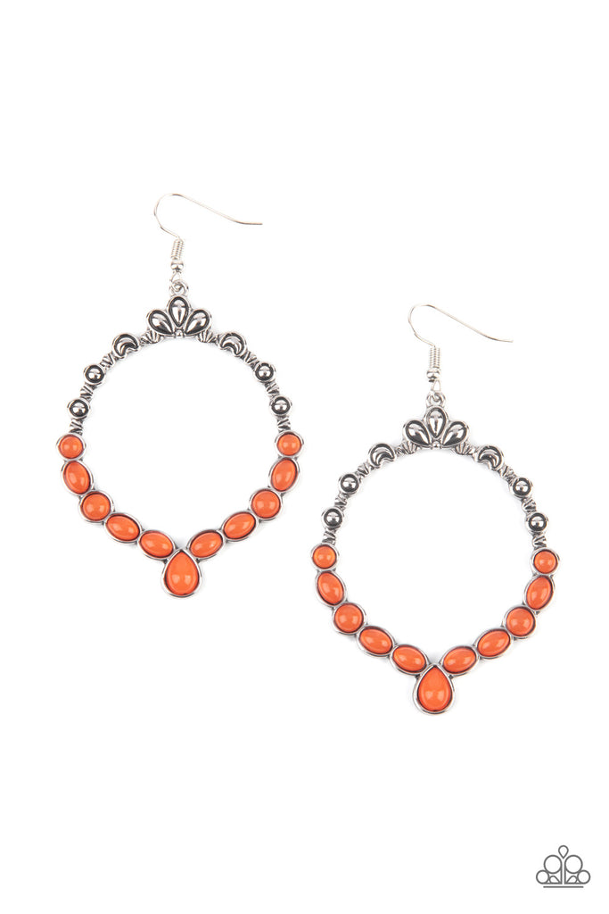 thai-treasures-orange  Ornate floral motifs decorate the top half of an airy circular silver frame. A row of dewy orange oval and round beads creates a border along the lower half of the frame, culminating in a single teardrop accent for a demurely enchanting lure. Earring attaches to a standard fishhook fitting.  Sold as one pair of earrings.