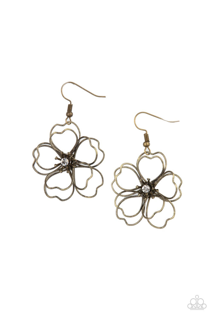 petal-power-brass Layers of heart-shaped petals molded from antiqued brass wire create an airy three-dimensional flower. A dainty white rhinestone dots the center adding sparkle to the whimsical frame. Earring attaches to a standard fishhook fitting.  Sold as one pair of earrings.