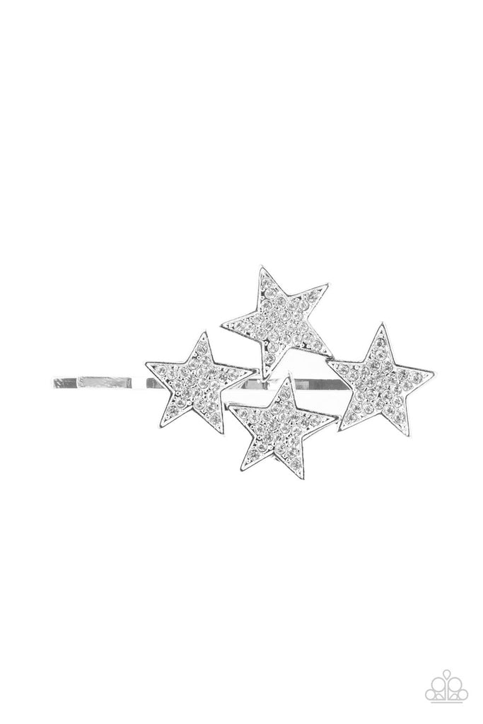 Dotted in dainty white rhinestones, an explosion of stars adorns the front of a silver bobby pin for a stellar shimmer.  Sold as one individual decorative bobby pin.