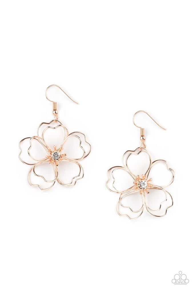 petal-power-rose-gold  Layers of heart-shaped petals molded from shiny rose gold wire create an airy three-dimensional flower. A dainty white rhinestone dots the center adding sparkle to the whimsical frame. Earring attaches to a standard fishhook fitting.  Sold as one pair of earrings.