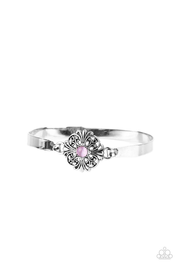 Dotted with a dainty Amethyst Orchid cat's eye stone center, a silver floral filigree frame hinges to the center of a dainty silver cuff-like bangle for a whimsical finish. Features a hinged closure.  Sold as one individual bracelet.