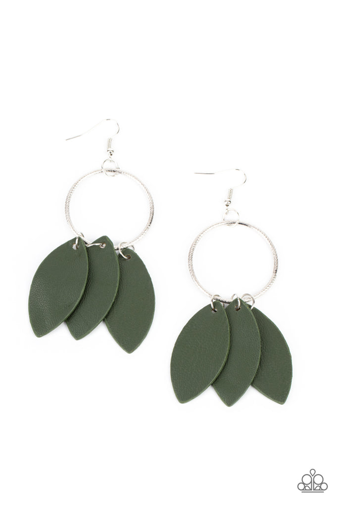 Leafy Laguna - Green Leather Earring-Paparazzi