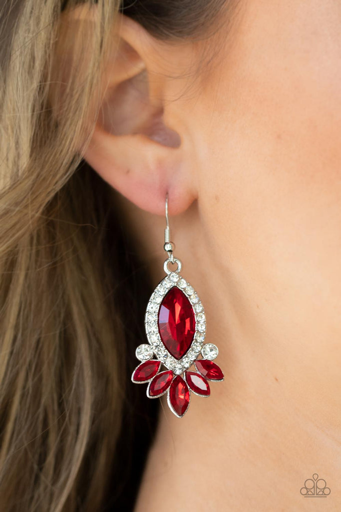 Bordered in glassy white rhinestones, an oversized red gem gives way to a fiery red fringe of marquise cut rhinestones for a fabulous finish. Earring attaches to a standard fishhook fitting.  Sold as one pair of earrings.