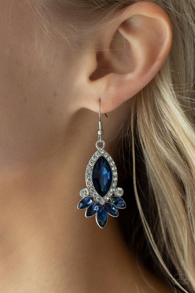 Bordered in glassy white rhinestones, an oversized blue gem gives way to a dazzling blue fringe of marquise cut rhinestones for a fabulous finish. Earring attaches to a standard fishhook fitting.  Sold as one pair of earrings.  