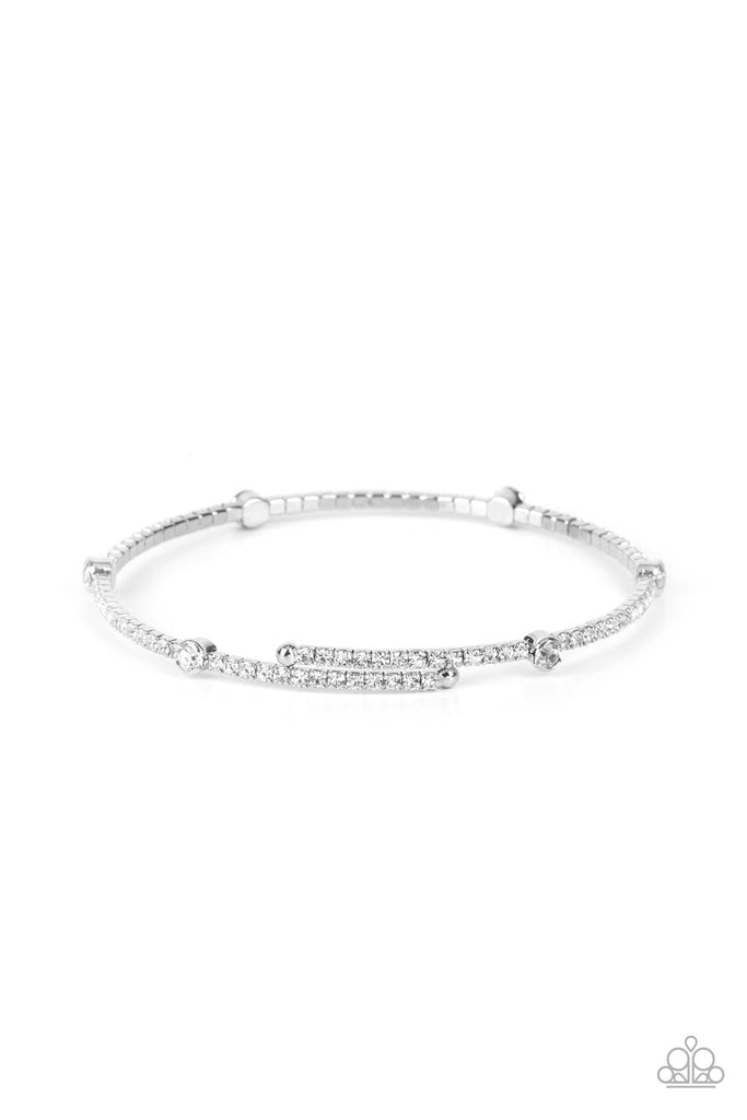 upgraded-glamour-white Encased in shiny silver fittings, a sparkly collection of solitaire white rhinestones adorn a glittery strand of dainty white rhinestones that coil around the wrist, creating a dainty cuff.  Sold as one individual bracelet.