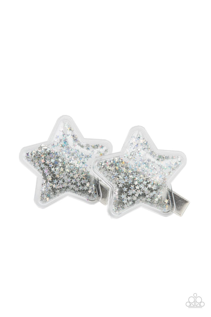 Sparkly silver star sequins are encased inside air filled plastic-like star frames, creating a stellar pair. Features standard hair clips on the back.  Sold as one pair of hair clips.