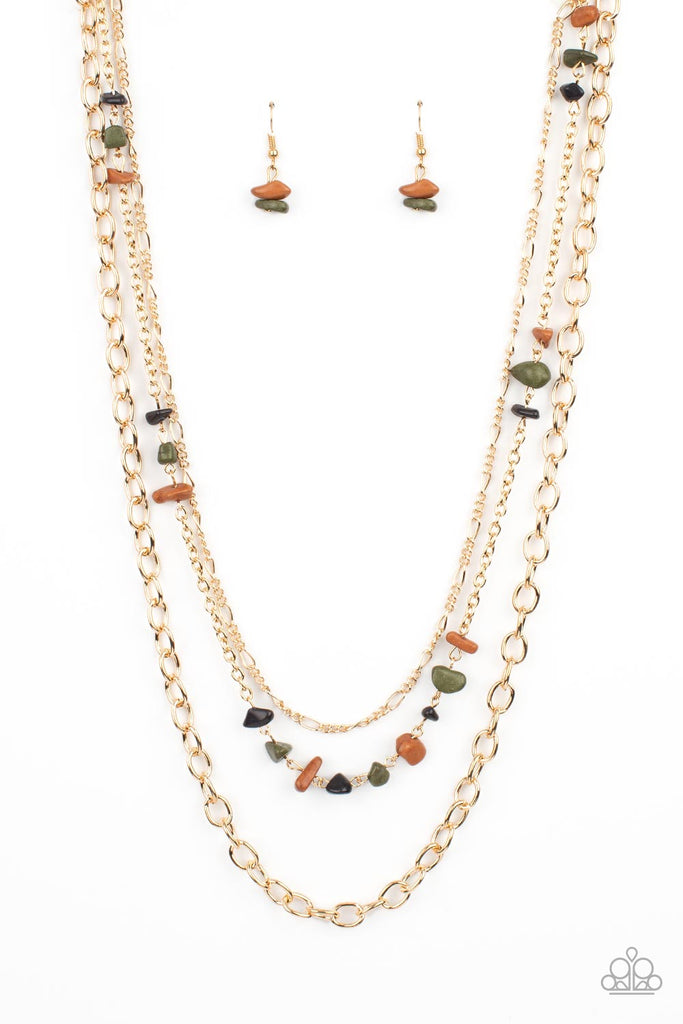 artisanal-abundance-multi Infused with sections of earthy brown, black, and green stones, a trio of mismatched gold chains layer down the chest for a dash of rustic refinement. Features an adjustable clasp closure.  Sold as one individual necklace. Includes one pair of matching earrings.