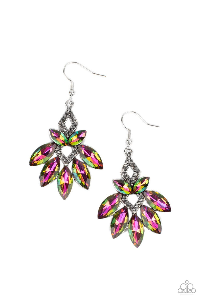 galaxy-grandeur-multi Featuring regal marquise style cuts, oversized oil spill gems fan out from smoky hematite rhinestone dotted silver frames that stack into a glamorous lure. Earring attaches to a standard fishhook fitting.  Sold as one pair of earrings.