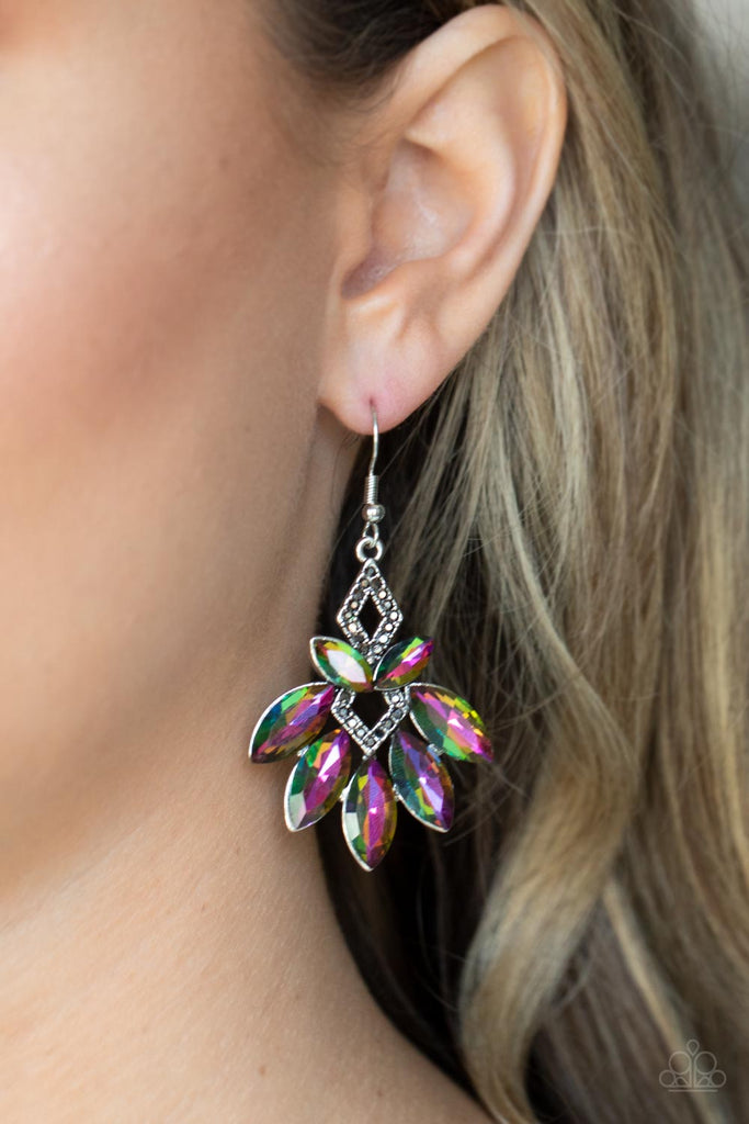 galaxy-grandeur-multi. Featuring regal marquise style cuts, oversized oil spill gems fan out from smoky hematite rhinestone dotted silver frames that stack into a glamorous lure. Earring attaches to a standard fishhook fitting.  Sold as one pair of earrings.