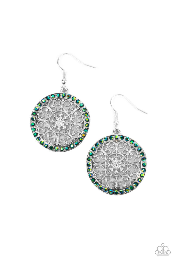 bollywood-ballroom-green Infused with a border of iridescent green rhinestones, studded silver heart shape filigree fans out from a decorative silver floral center for a whimsical look. Earring attaches to a standard fishhook fitting.  Sold as one pair of earrings.