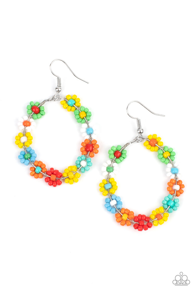 festively-flower-child-multi Dotted with mismatched multicolored beaded centers, a dainty collection of multicolored seed beaded floral frames are threaded along a wire hoop for a fabulous floral fashion. Earring attaches to a standard fishhook fitting.  Sold as one pair of earrings.