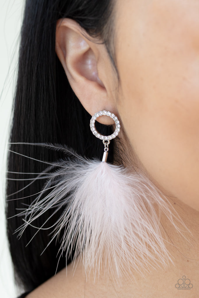 A fuzzy white feather swings from the bottom of a white rhinestone encrusted silver ring, creating a refined lure. Earring attaches to a standard post fitting.  Sold as one pair of post earrings.
