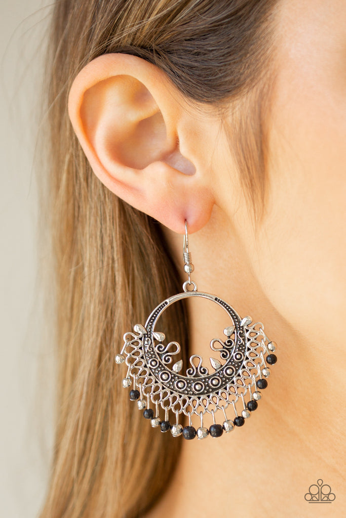 Paparazzi Canyonlands Celebration - Black - A fringe of dainty silver beads and earthy black stone beads swing from the bottom of an ornate silver hoop dotted in stunning detail for a seasonal flair. Earring attaches to a standard fishhook fitting.  Sold as one pair of earrings.