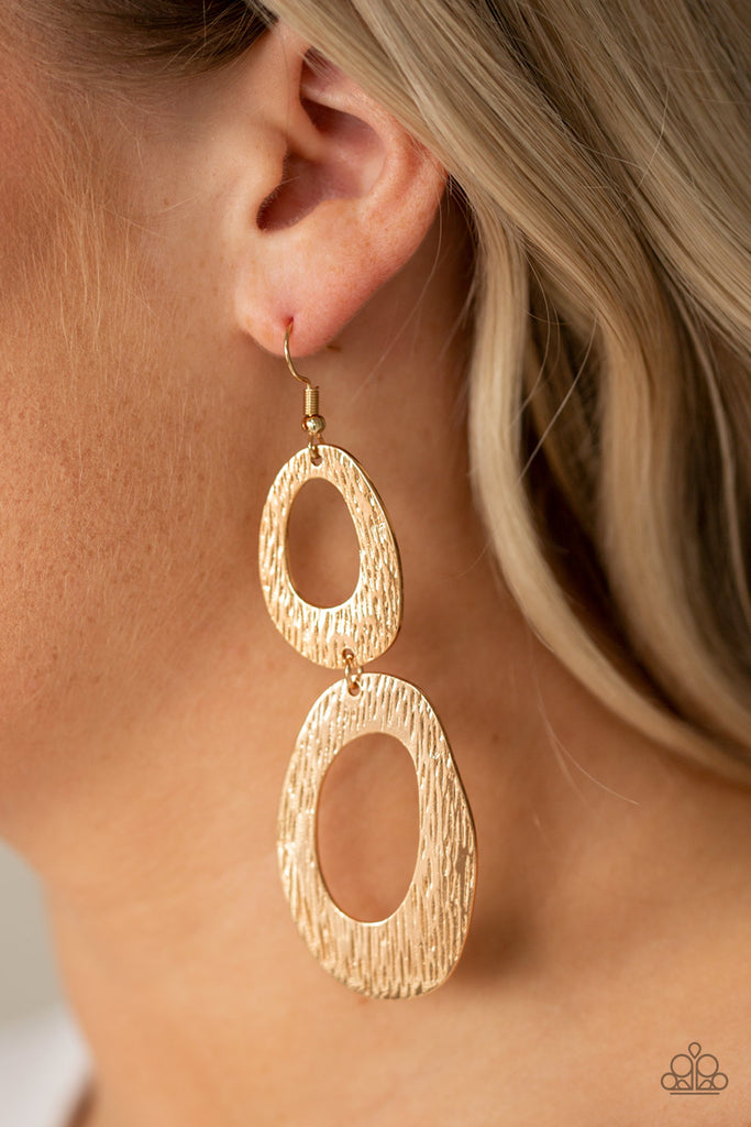 Brushed in a high-sheen finish, textured asymmetrical hoops link into an abstract lure for a casual look. Earring attaches to a standard fishhook fitting.  Sold as one pair of earrings.