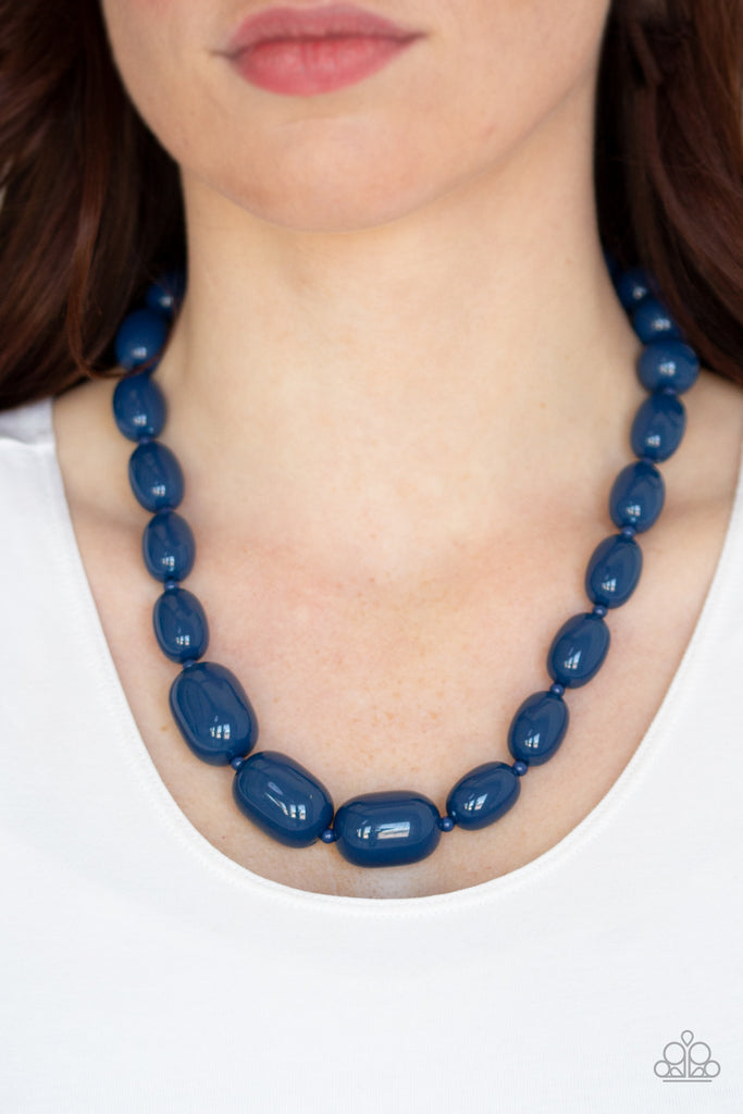 Infused with dainty Evening Blue beads, round Evening Blue beads trickle into bold oval beads, creating a bold pop of color below the collar. Features an adjustable clasp closure.  Sold as one individual necklace. Includes one pair of matching earrings.