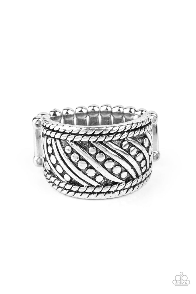 Studded and smooth silver bars delicately slant across the finger between two borders of silver rope-like texture, coalescing into an edgy band. Features a stretchy band for a flexible fit.  Sold as one individual ring.