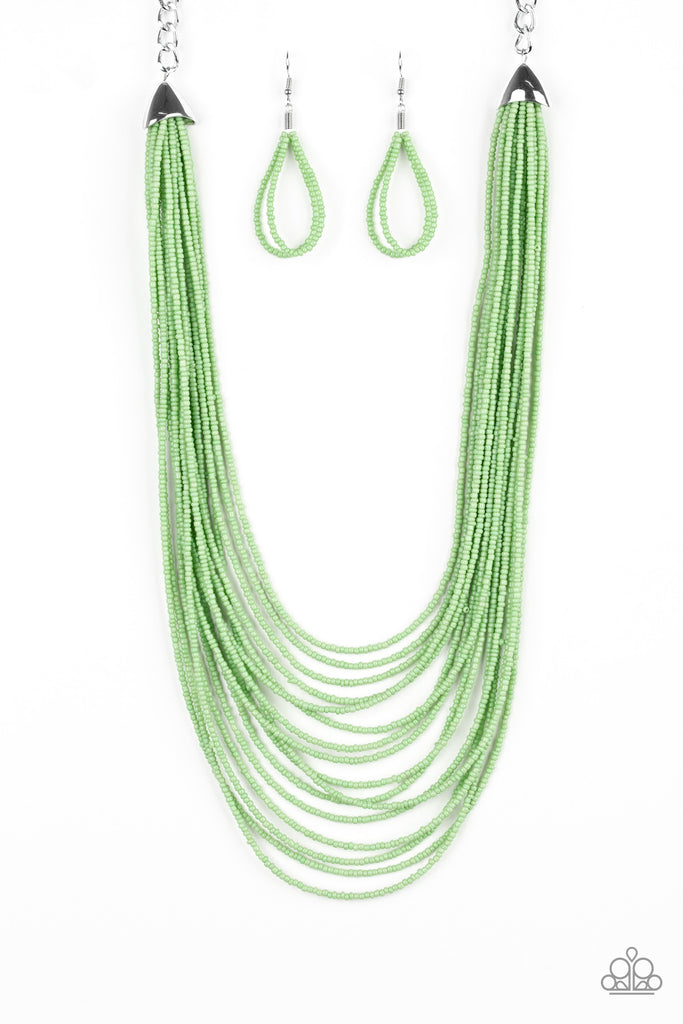 Infused with two bold silver fittings, row after row of green seed beads layer across the chest for a seasonal fashion. Features an adjustable clasp closure.  Sold as one individual necklace. Includes one pair of matching earrings.