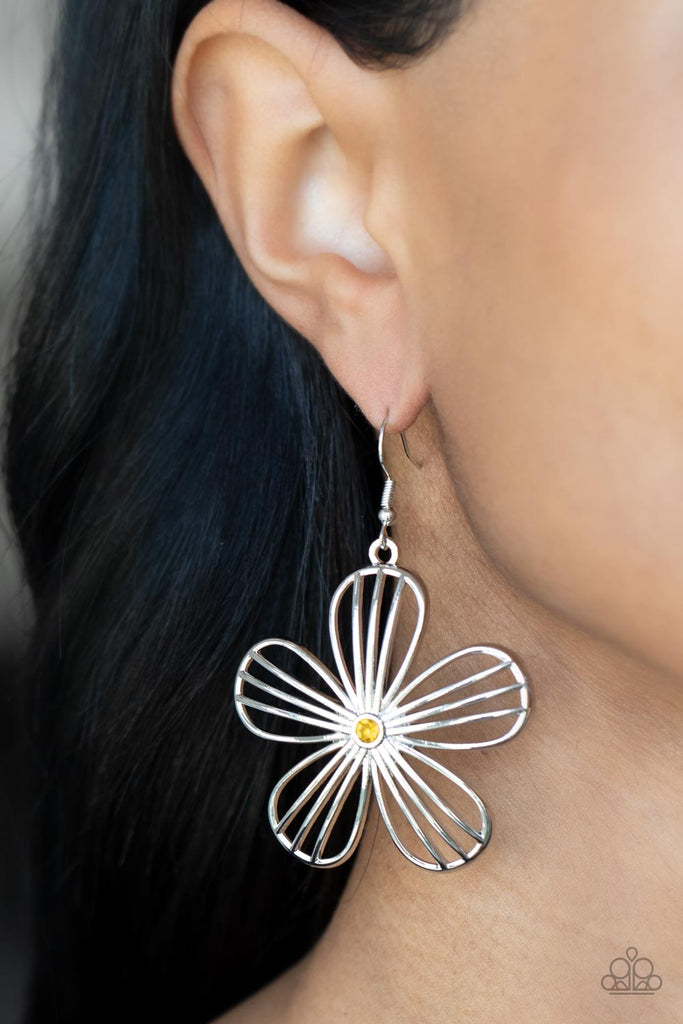 Dotted with a dainty yellow rhinestone, airy silver petals streaked with linear bars bloom into an enchanting floral frame. Earring attaches to a standard fishhook fitting.  Sold as one pair of earrings.