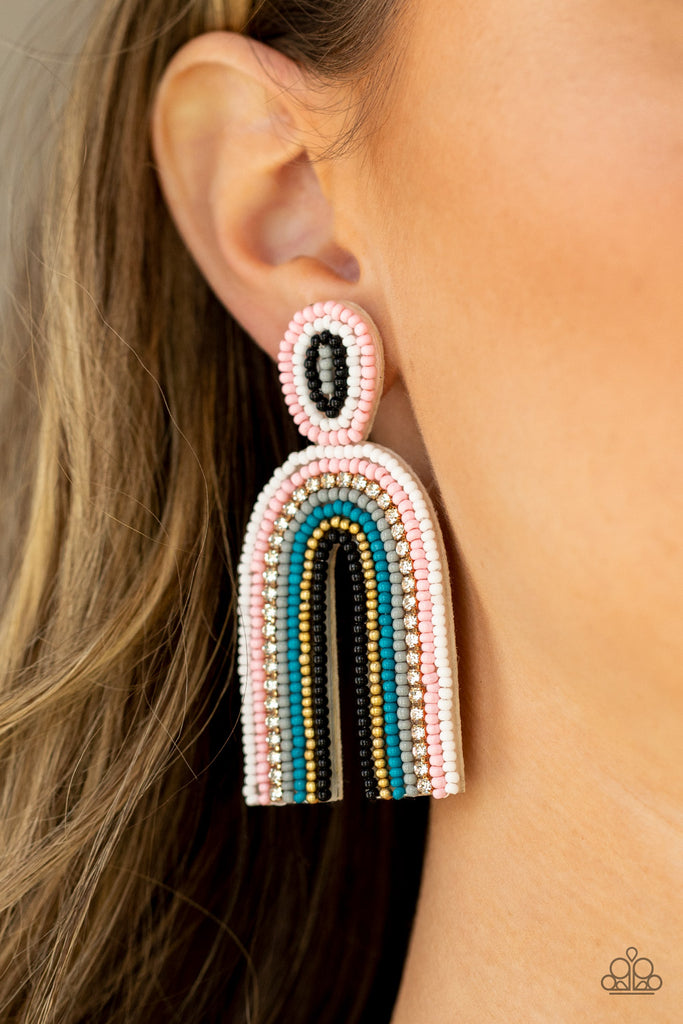 Infused with a single row of glassy white rhinestones, dainty strands of white, pink, gray, blue, gold, and black seeds stack into a colorful rainbow at the bottom of a matching seed beaded fitting. Earring attaches to a standard post fitting.  Sold as one pair of post earrings.