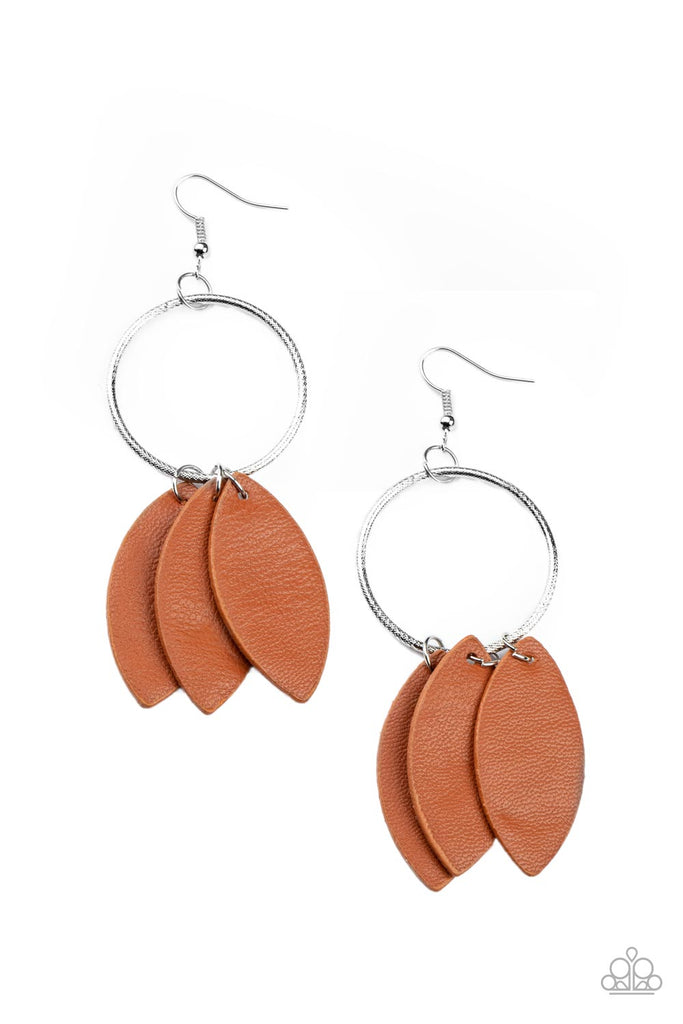 Leafy Laguna - Brown Leather Earring-Paparazzi