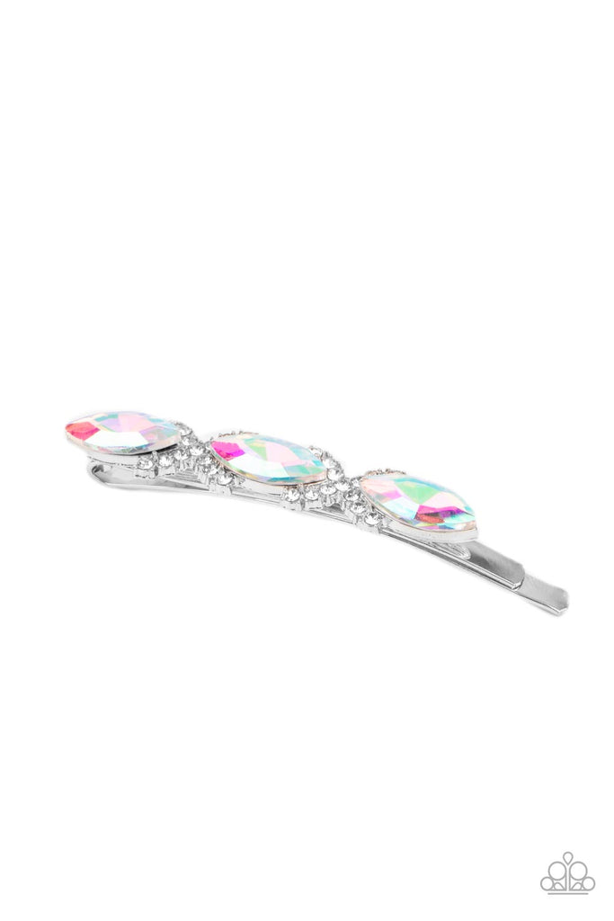 Crisscrossed ribbons of glassy white rhinestones separate a trio of shimmery UV marquise cut gems across the front of a classic silver bobby pin for a stellar fashion.  Sold as one individual decorative bobby pin.