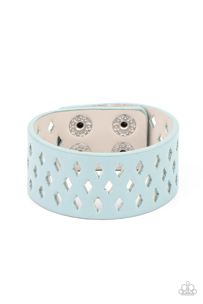 glamp-champ-blue  A wide blue leather band is filled with patterned rows of small diamond-shaped cutouts giving the illusion of diamonds floating across the wrist in a whimsical fashion. Features an adjustable snap closure.  Sold as one individual bracelet.
